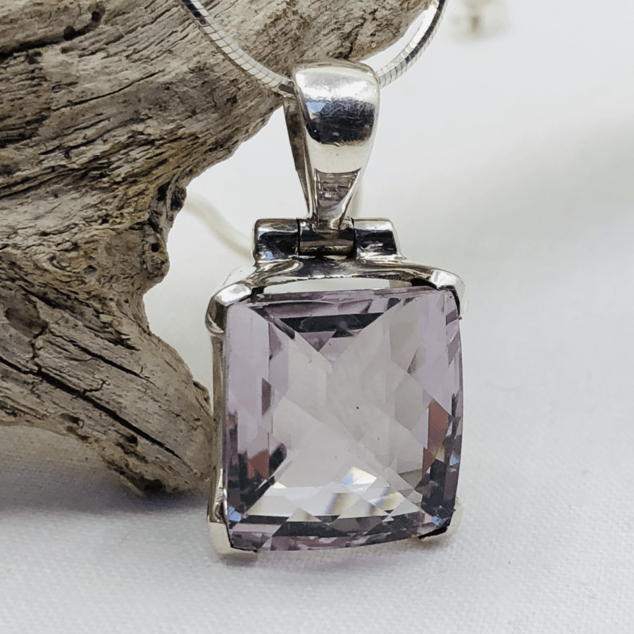 Amethyst and Sterling Silver Square Faceted Pendant on Silver Chain