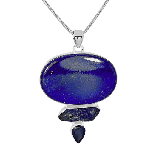 Lapis and Iolite 3 Stone Sterling Silver Pendant and Silver Chain