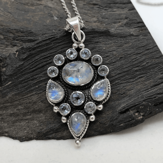 Rainbow Moonstone, Topaz and Sterling Silver Pendant on Oxidised Silver Chain