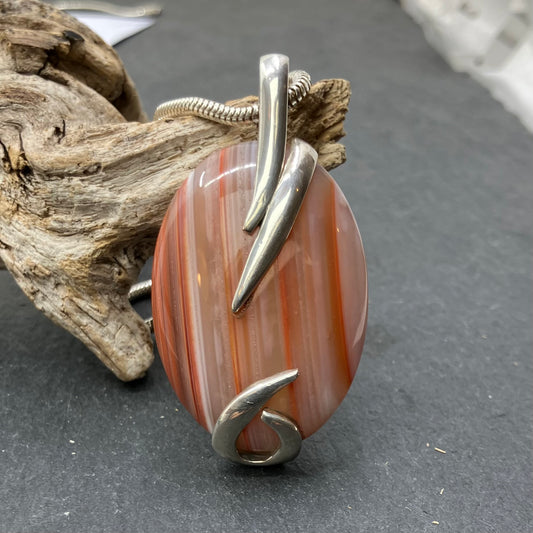 Agate and Sterling Silver Pendant Oval on Silver Chain