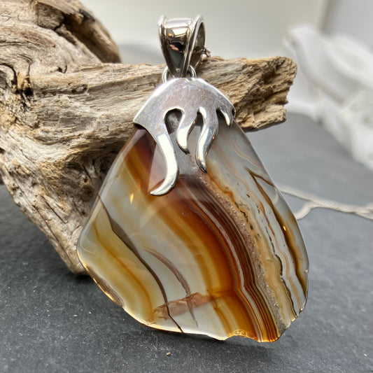 Agate and Sterling Silver Pendant Triangle on Silver Chain