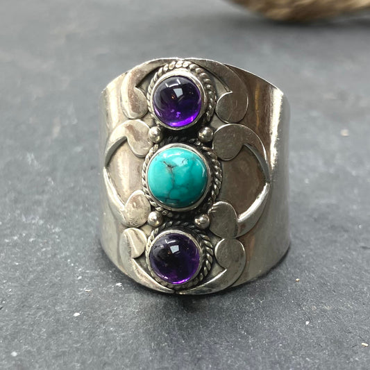 Turquoise and Amethyst Sterling Silver Ring 3 Stone