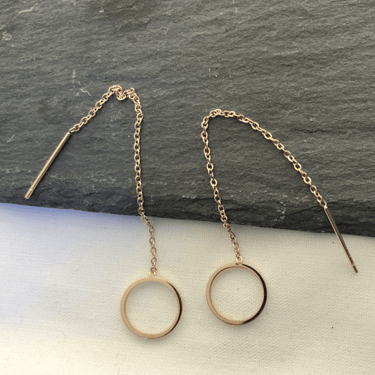 Stainless Steel Rose Gold Coloured Pull Through Circle and Chain Earrings