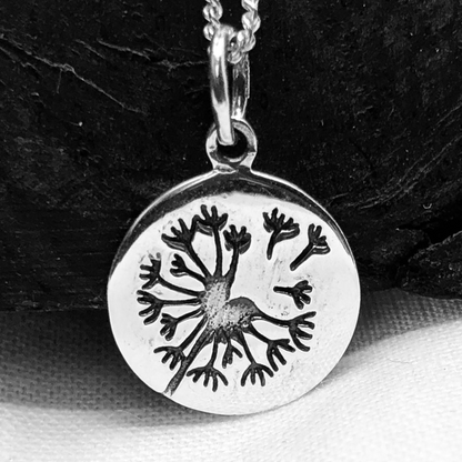 Sterling Silver Round Disc Dandelion Pendant and Silver Chain