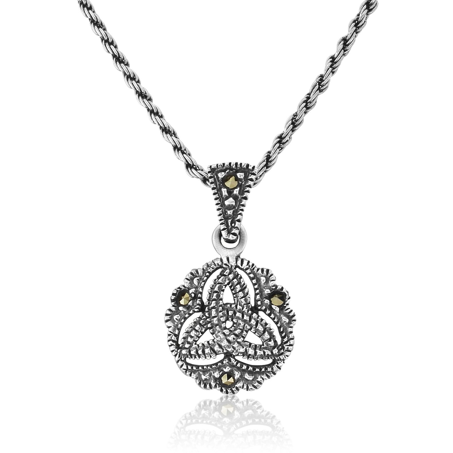 Celtic Trinity Knot Silver Marcasite Round Pendant and Chain