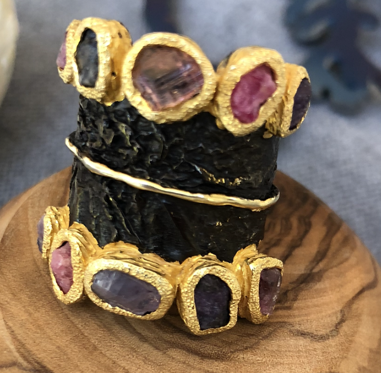 Rough Tourmaline and Rough Rubellite Oxidised Silver, Rhodium and Gold Ring