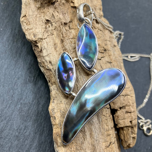 Abalone Black and Sterling Silver Pendant 3 Freeform on Silver Chain