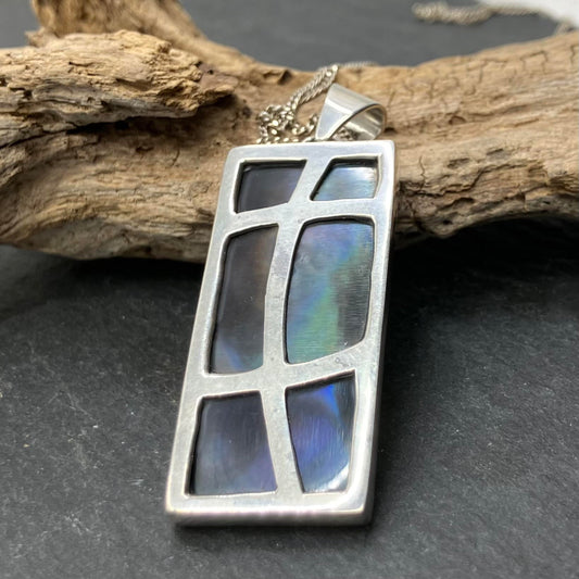 Abalone Black and Sterling Silver Pendant Rect 6 window on Silver Chain