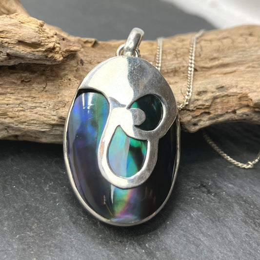 Abalone Black and Sterling Silver Pendant Oval on Silver Chain