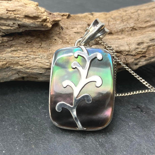 Abalone Black and Sterling Silver Pendant Rectangle tree on 17" Silver Curb Chain