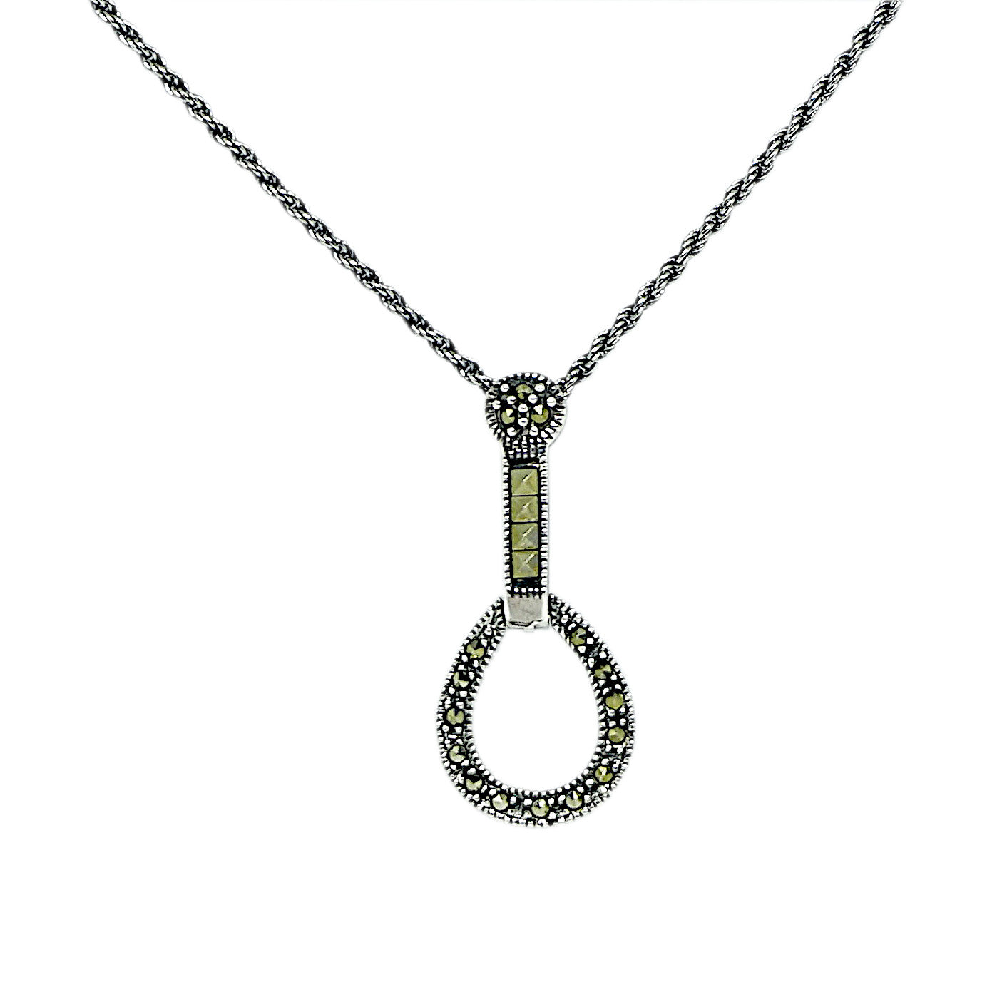 Marcasite and Sterling Silver Teardrop Pendant and Oxidised Chain