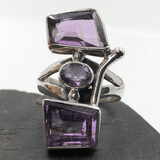 Amethyst and Sterling Silver 3 Cut Stones Ring