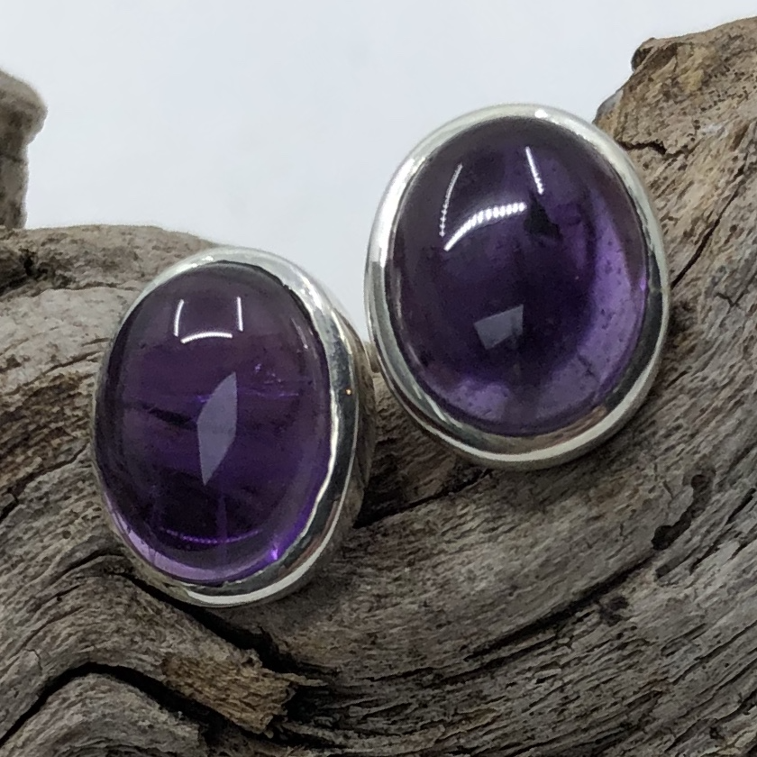Amethyst and Sterling Silver Oval Stone Bezel Set Studs