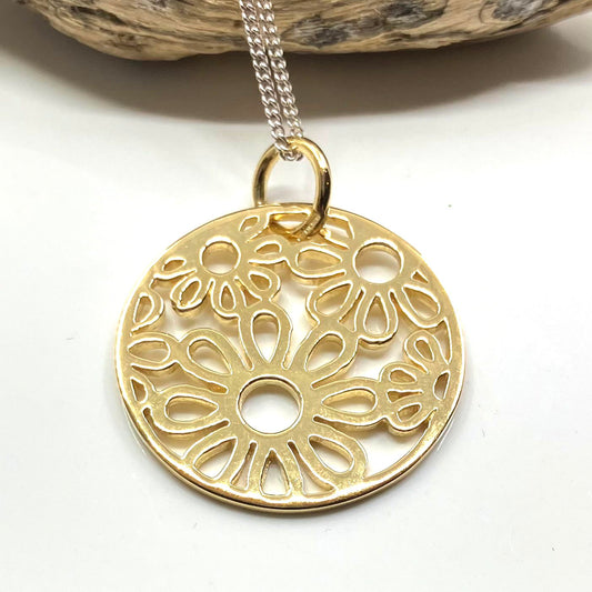 Gold Plated Sterling Silver Pendant Round Flowers on Silver Chain