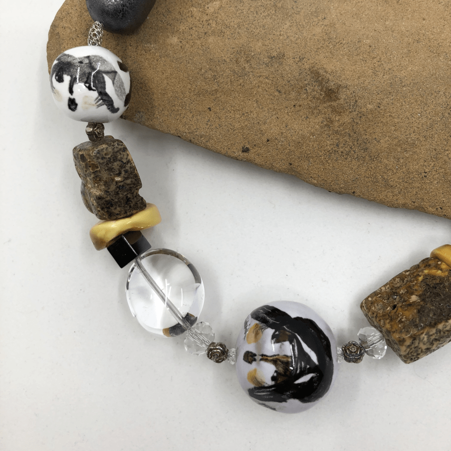 Handmade Ceramic Face in Sterling Silver and Amber Necklace