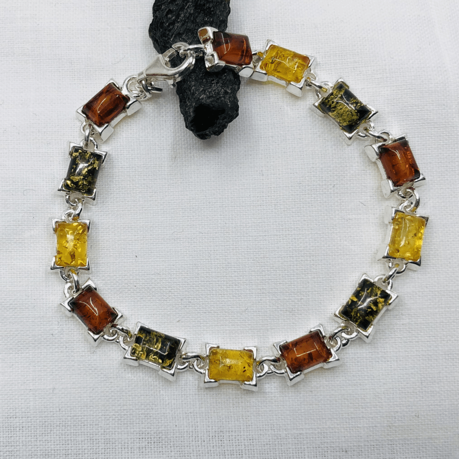 Amber, Multi Colour, Square Sterling Silver Bracelet
