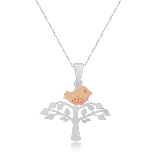 Rose Gold Plated Sterling Silver Bird on Tree Pendant and Silver Chain