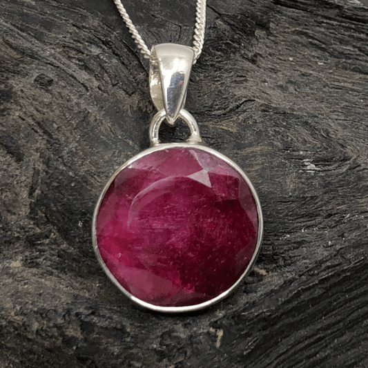 Ruby and Sterling Silver Round Pendant and Silver Chain