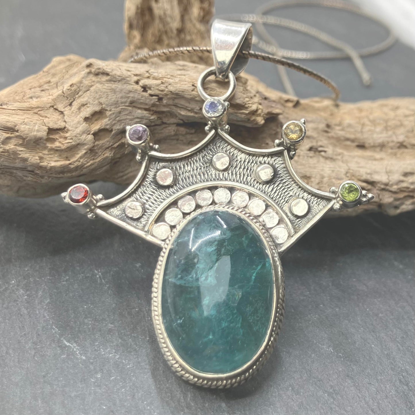 Fluorite and Sterling Silver Pendant Oval Crown 5 stone on Ox Silver Chain