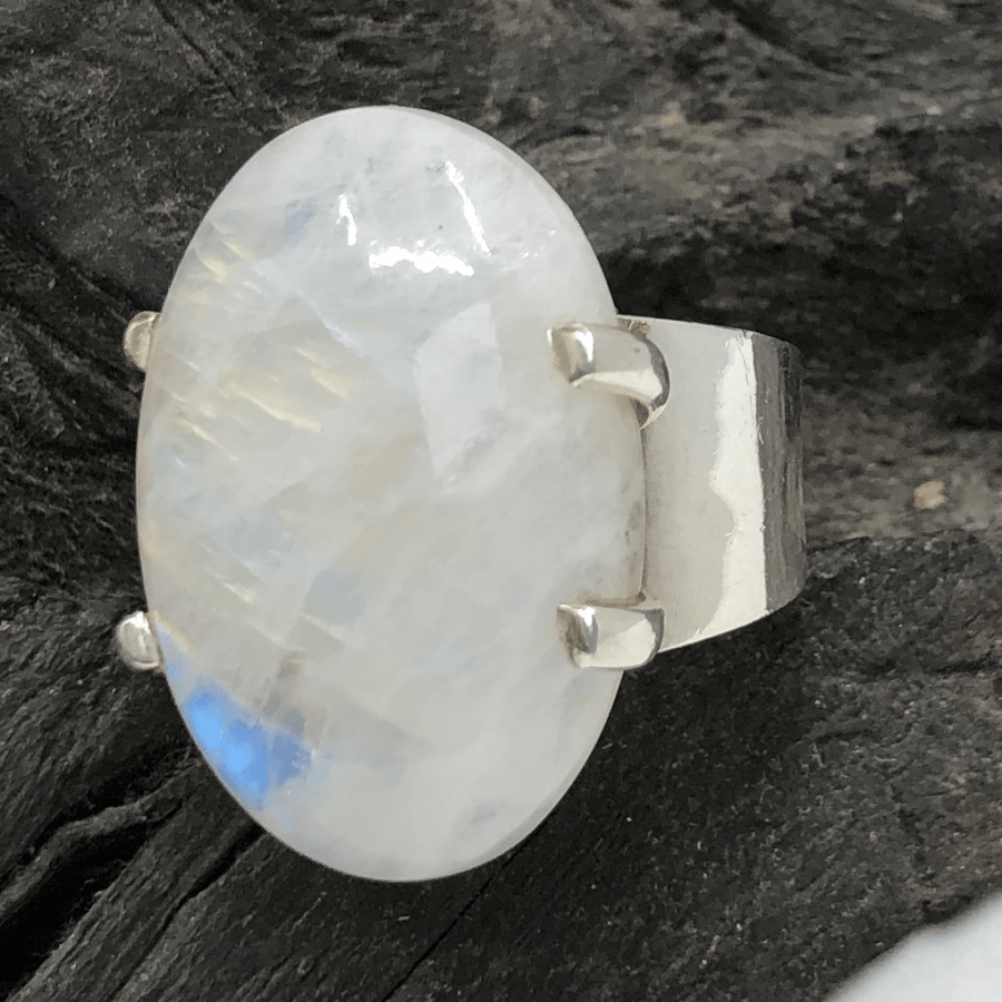 Rainbow Moonstone and Sterling Silver Claw Set Oval Ring