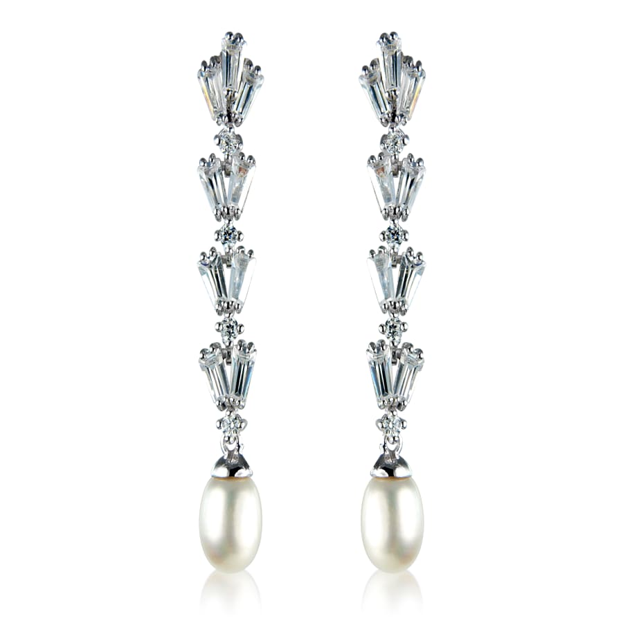 White Cubic Zirconia and Pearl Drop Sterling Silver Earrings