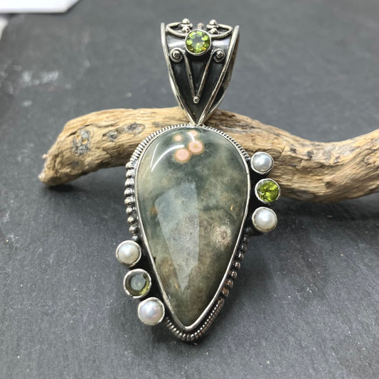 Forest Jaspar and Sterling Silver Pendant with Peridots and Pearls