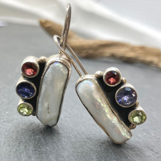 Freshwater Pearl and Multistone Sterling Silver Earrings