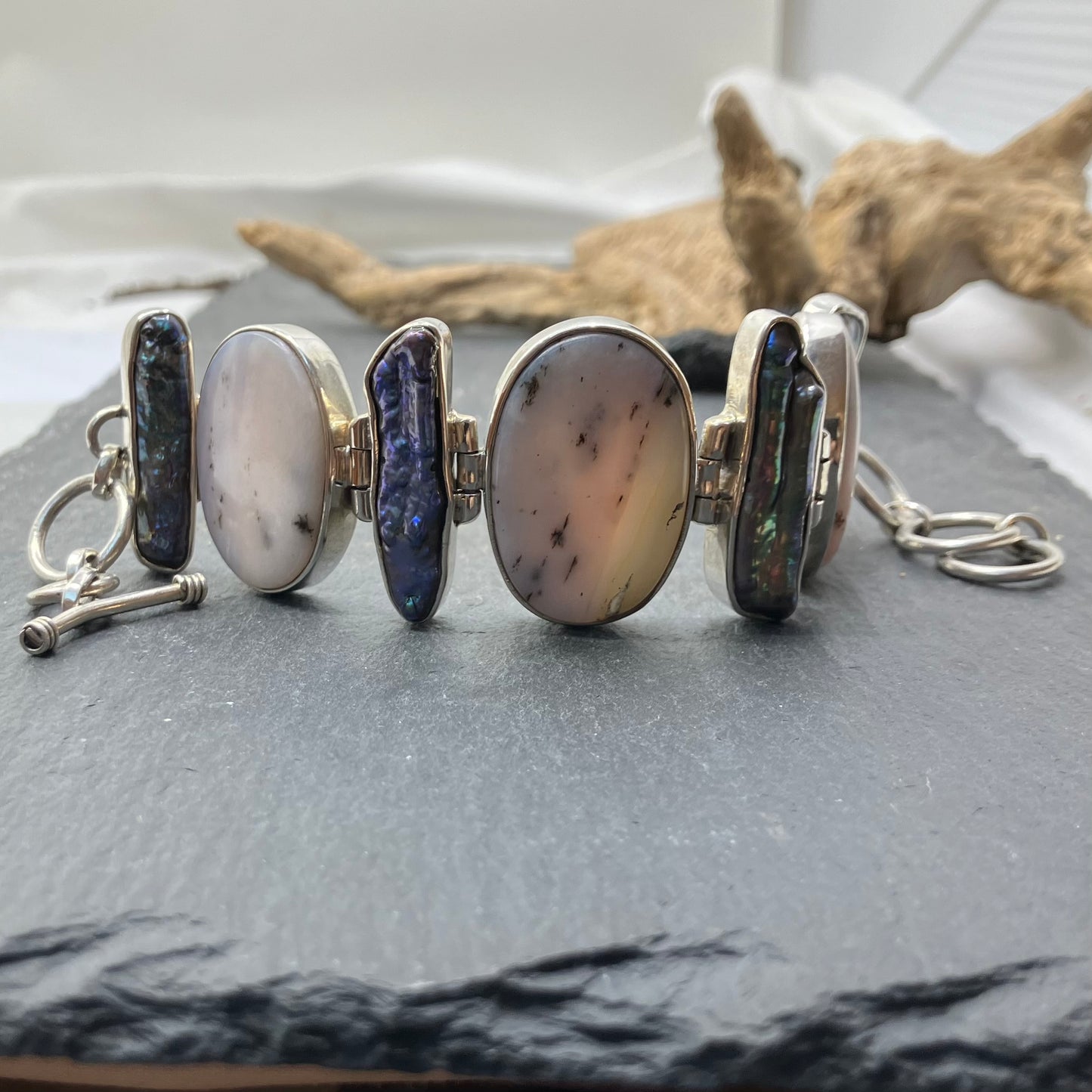 Freshwater Pearl and Mangano Calcite and Silver Bracelet