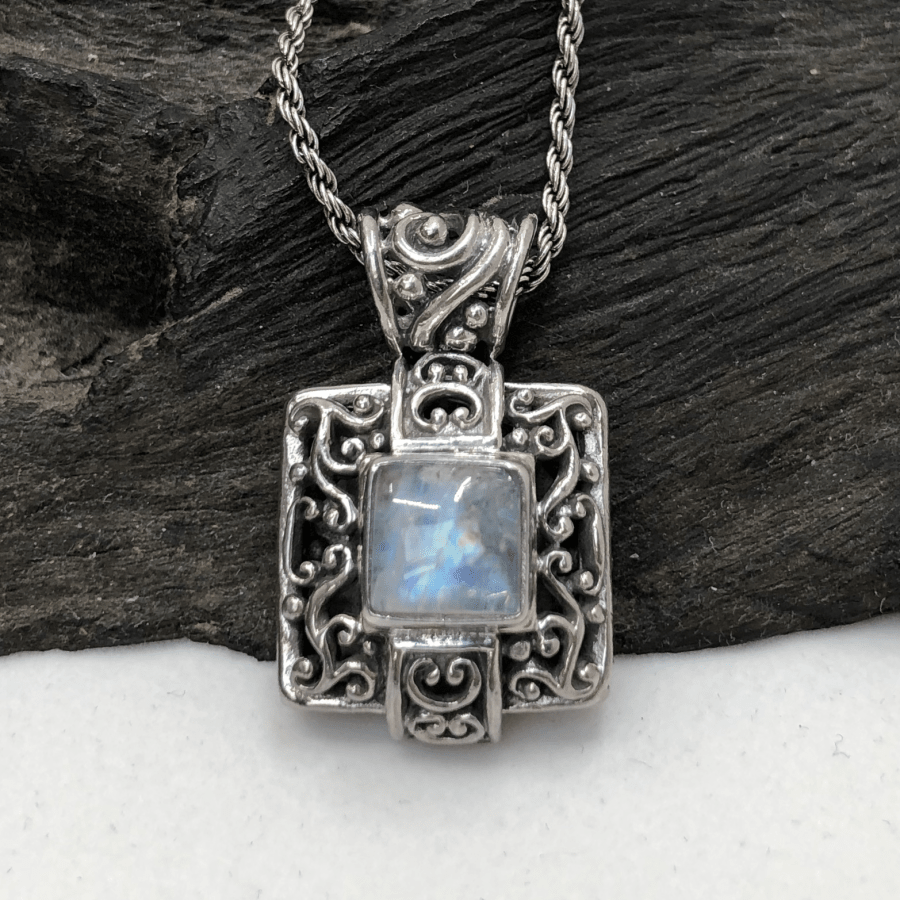 Rainbow Moonstone and Sterling Silver Ornate Pendant on Oxidized Silver Chain