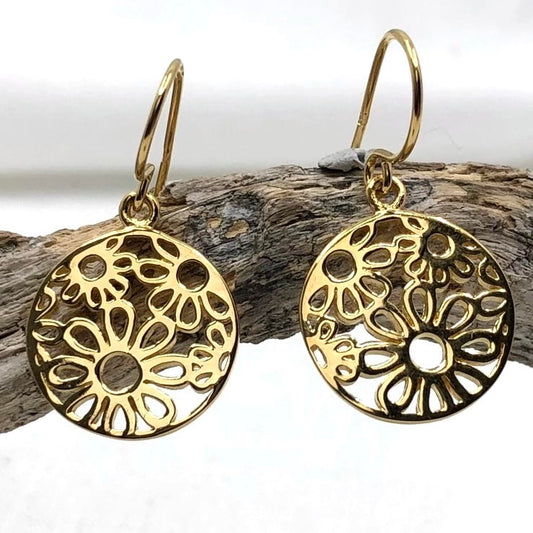 Gold Plated Silver Earrings Round with Flowers