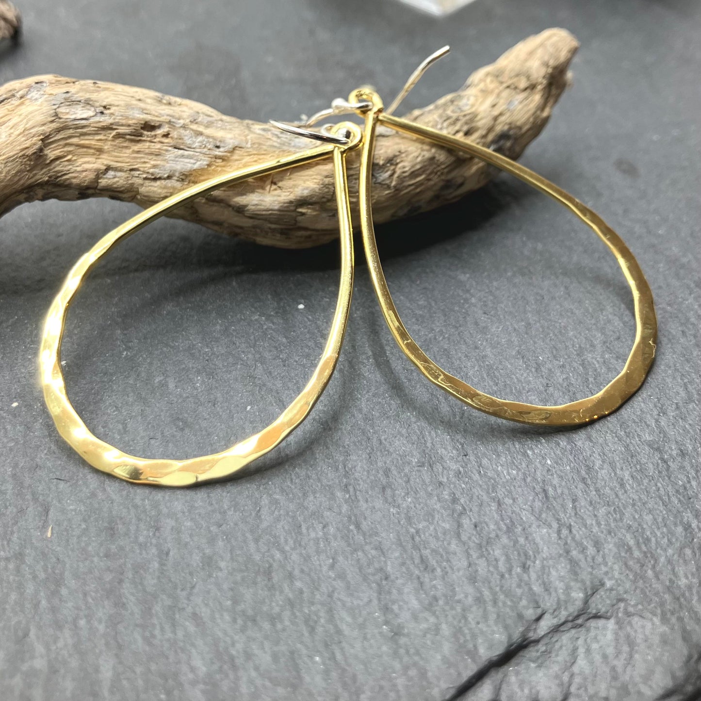 Gold Plated Sterling Silver Earrings Open Hammered Tear