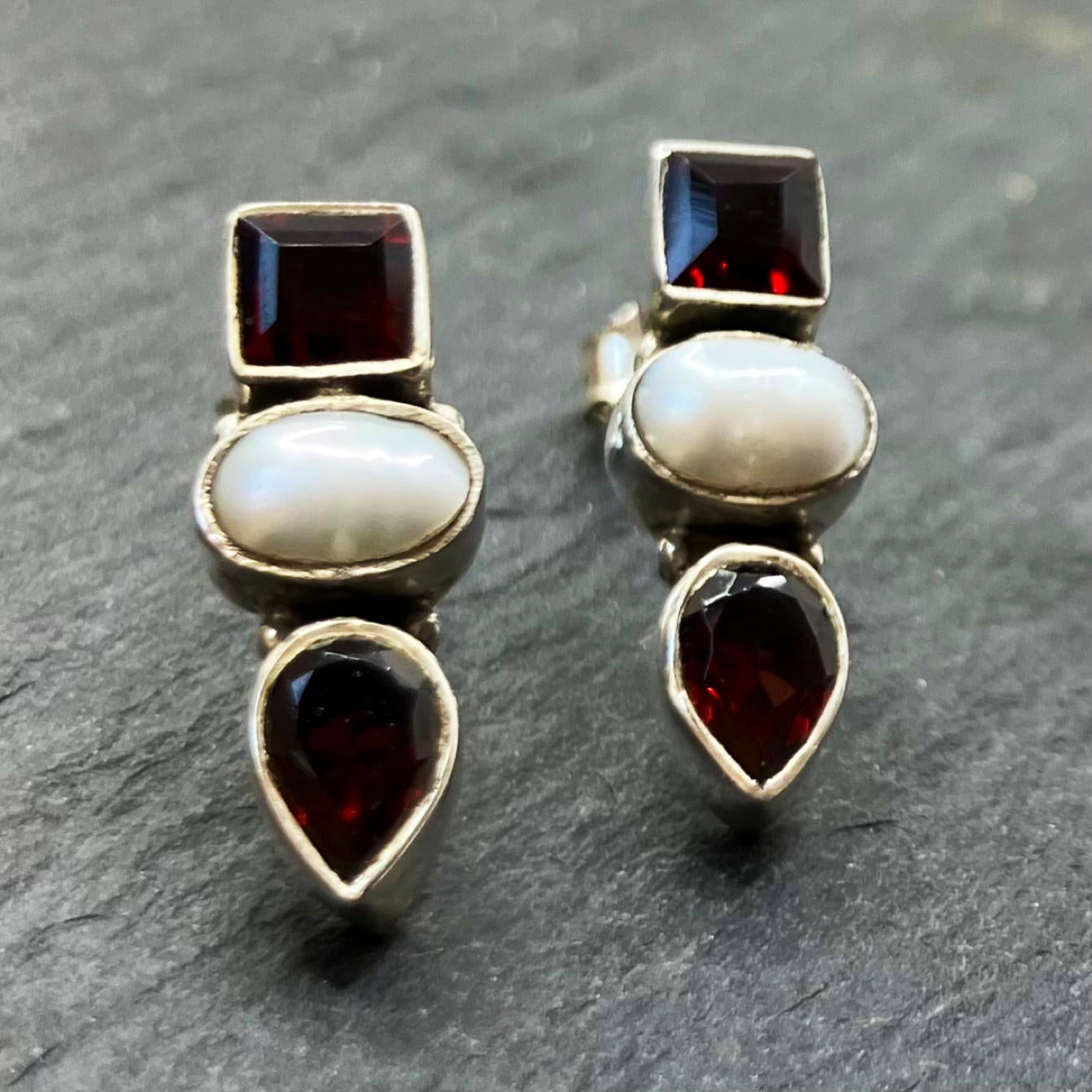 Garnet and Pearl and Sterling Silver Earrings