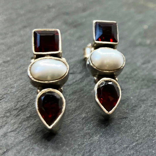 Garnet and Pearl and Sterling Silver Earrings