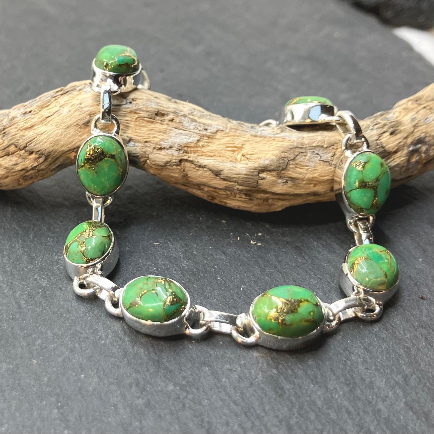 Green Turquoise and Sterling Silver Bracelet Oval 8 Stone