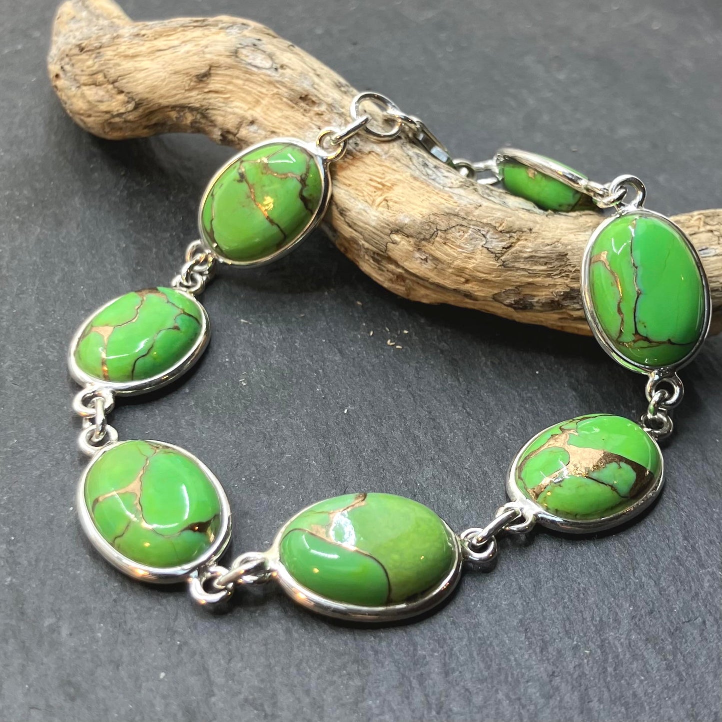 Green Turquoise and Sterling Silver Bracelet Oval 7 stone