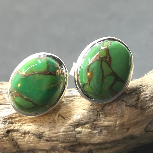 Green Turquoise and Sterling Silver Studs Oval