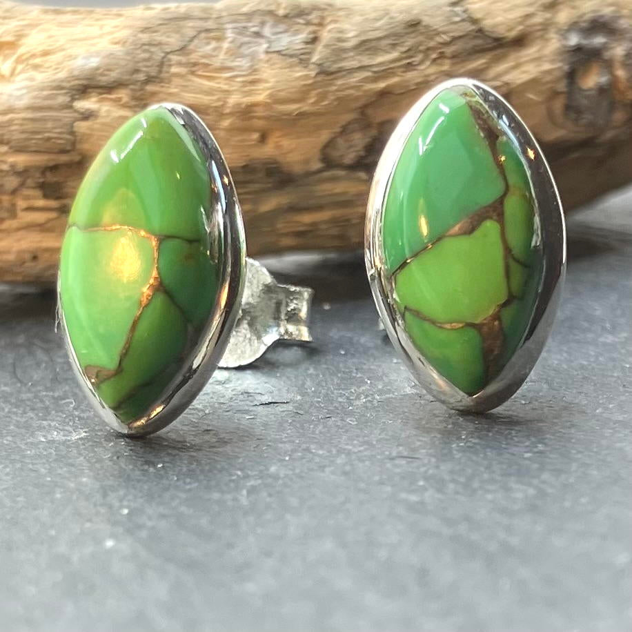 Green Turquoise and Sterling Silver Studs Marquise