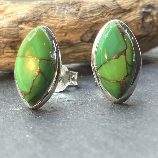 Green Turquoise and Sterling Silver Studs Marquise