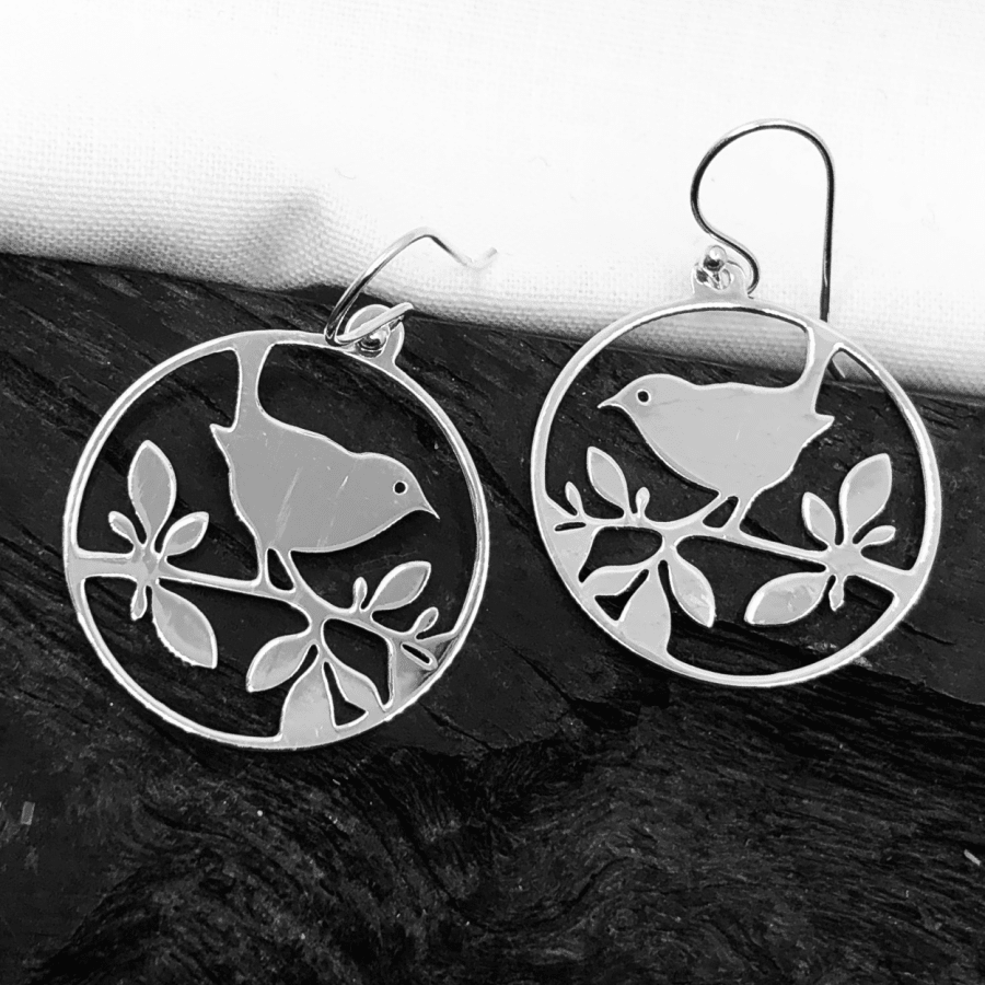 Sterling Silver Circular Earring with Bird on Branch