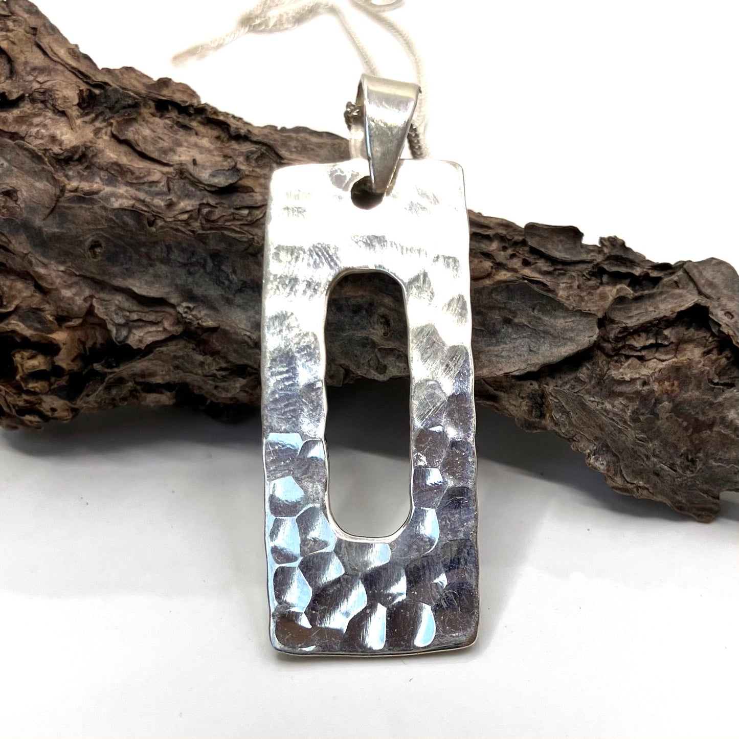 Sterling Silver Pendant Open Rectangle Hammered on Silver Chain