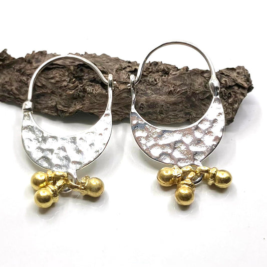 Gold Plated Sterling Silver Earrings Flat Hoops 3 balls