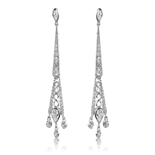 White CZ and Sterling Silver Long Vintage Earrings