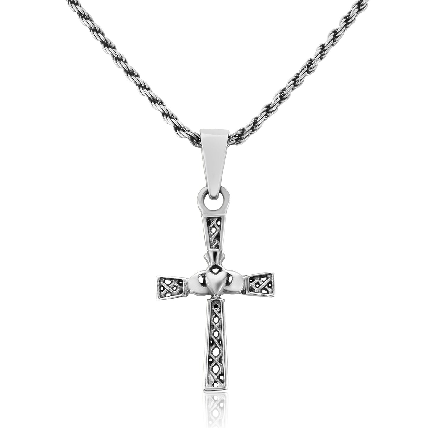 Claddagh Cross Celtic Knot Sterling Silver Pendant and Chain