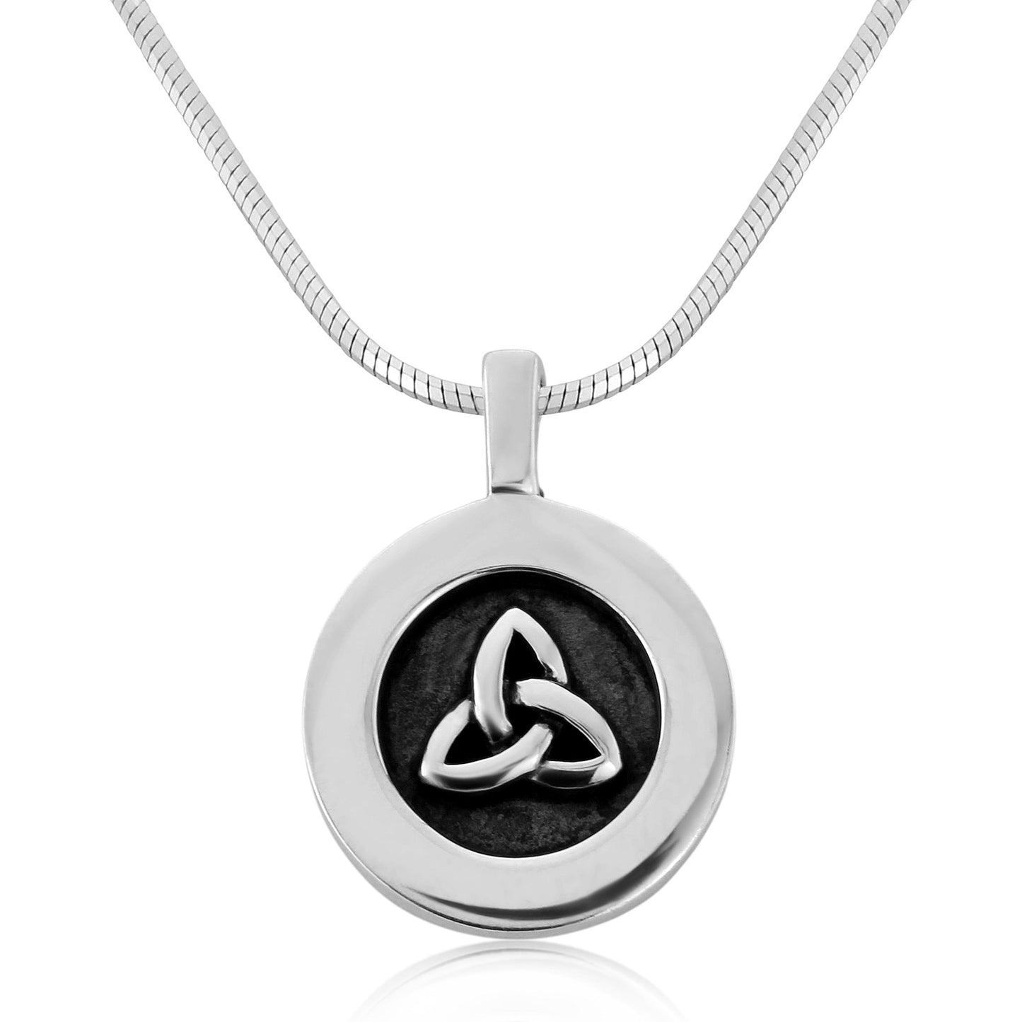 Silver Celtic Trinity Knot in Oxidised Circle Pendant and Chain