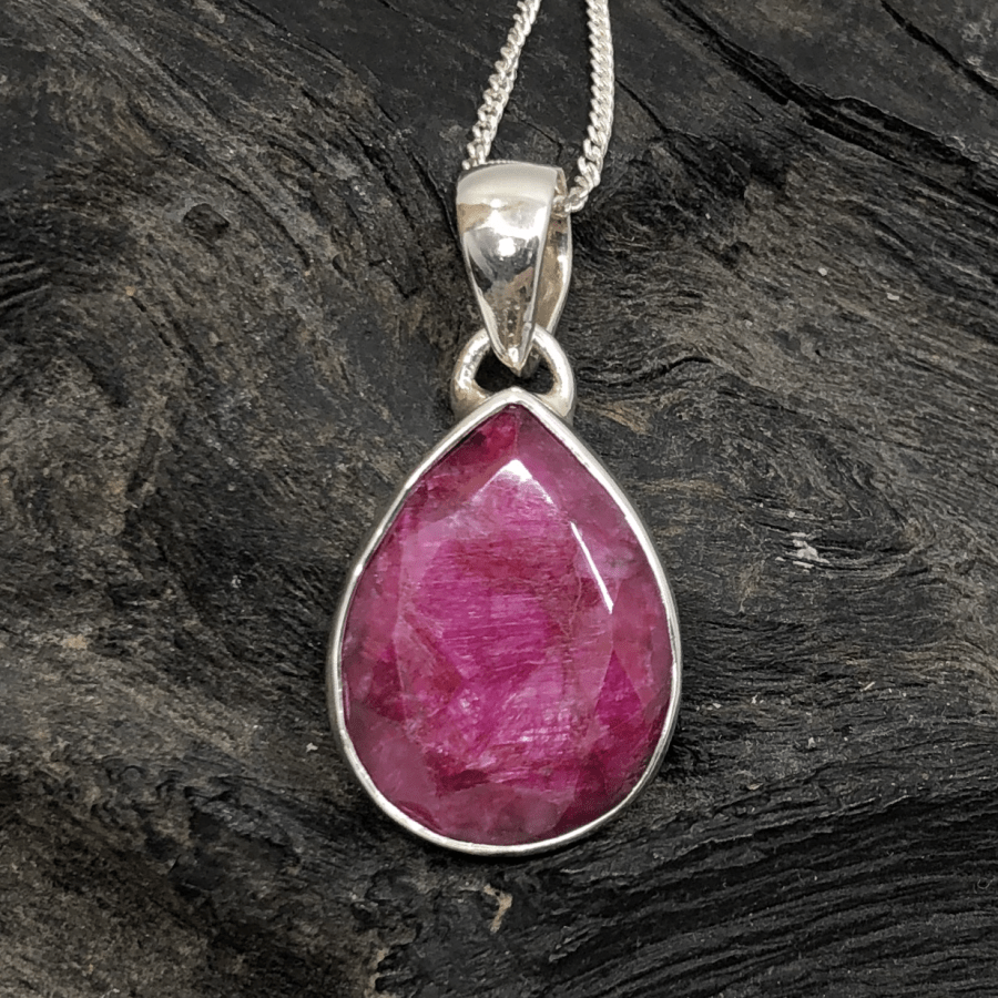 Ruby and Sterling Silver Pear Pendant and Silver Chain