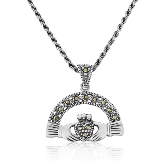 Claddagh Sterling Silver and Marcasite Semi Circular Pendant and Chain