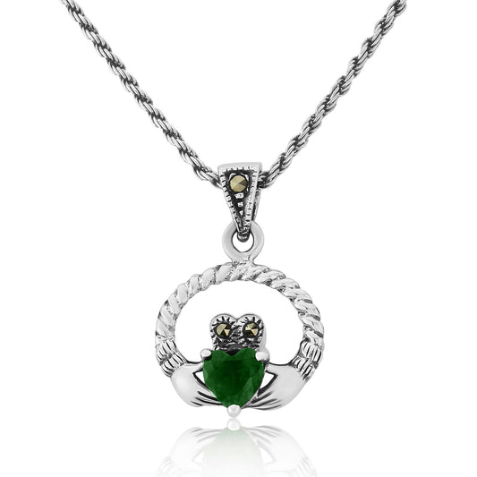 Claddagh Sterling Silver Marcasite and Green CZ Pendant and Chain