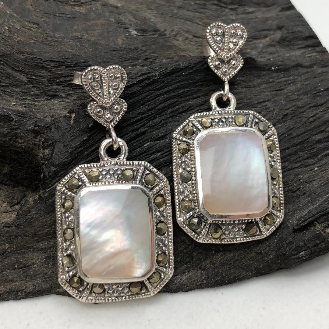 Marcasite and Mother of Pearl Drop Earrings with Stud Backs