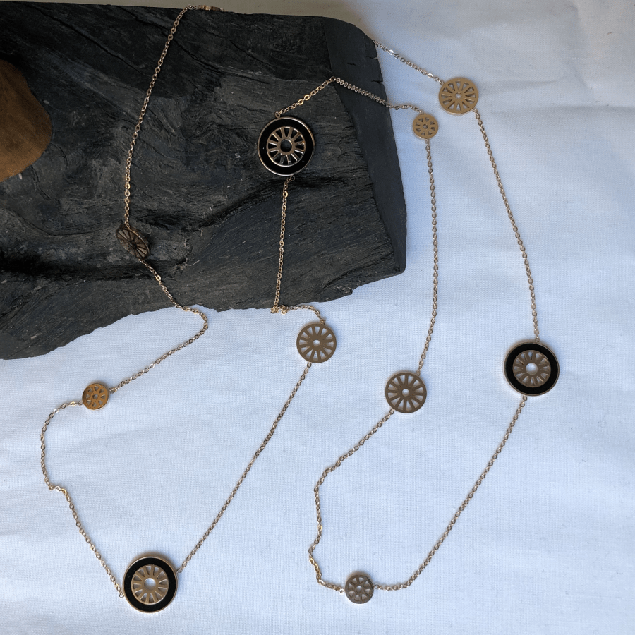 Stainless Steel Necklace, Long, Rose Gold and Black Coloured with Sun Motifs