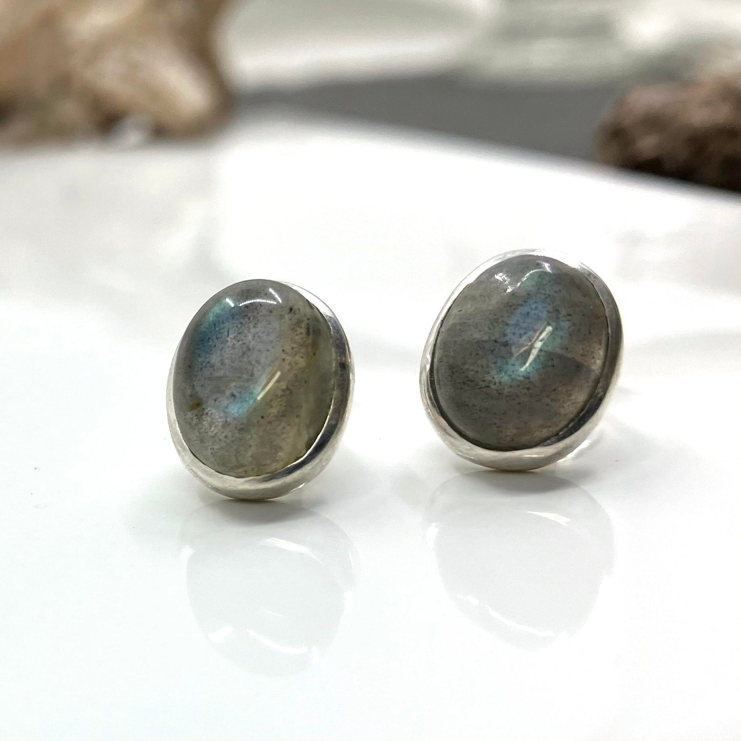 Labradorite and Sterling Silver Earrings Studs Oval Small